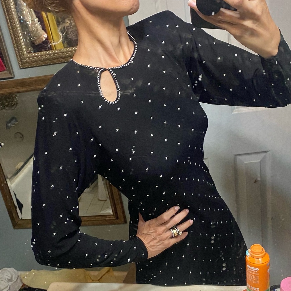 Vintage black crepe jersey encrusted stones batwing sleeves peep hole dress 60s